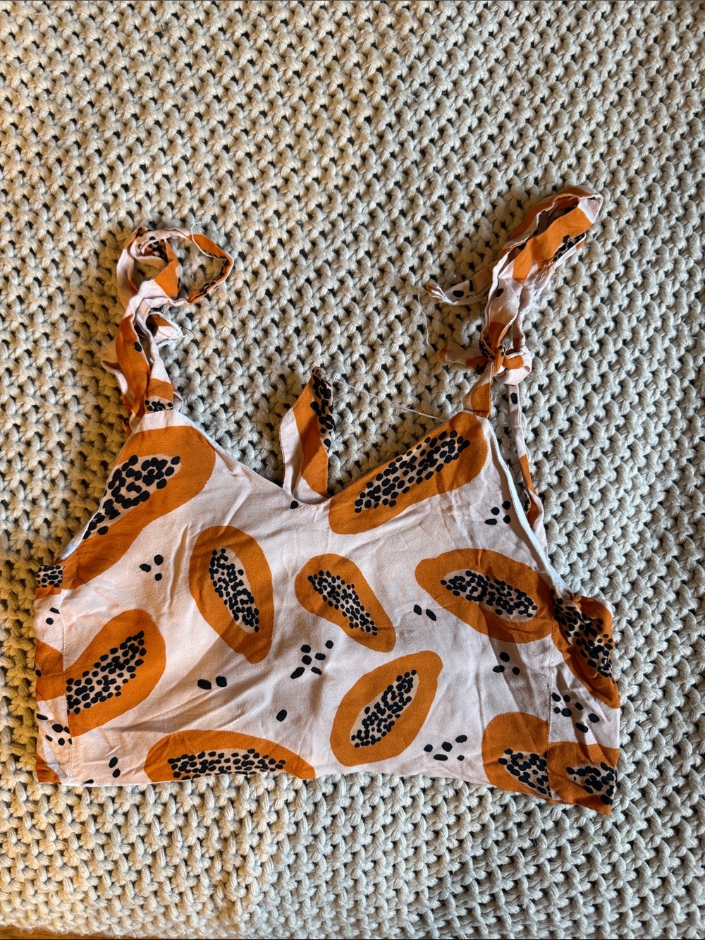 Women’s Cream and Orange Printed Tie-Strap Crop Top